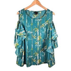 Worthington Cold Shoulder Flounce Georgette Blouse Green Bamboo XL Wearable Art